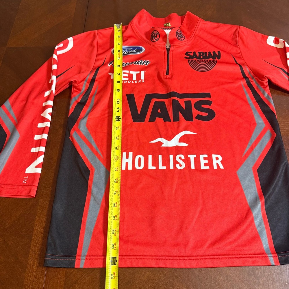 YXL Red Long Sleeve Fishing Shirt Ford Yeti Vans Hollister Sabian Mens - Picture 3 of 11